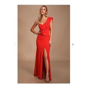 Lulu's Red Kiss Me Again Pageant Formal Maxi Gown with Asymmetric Ruffles & Slit
